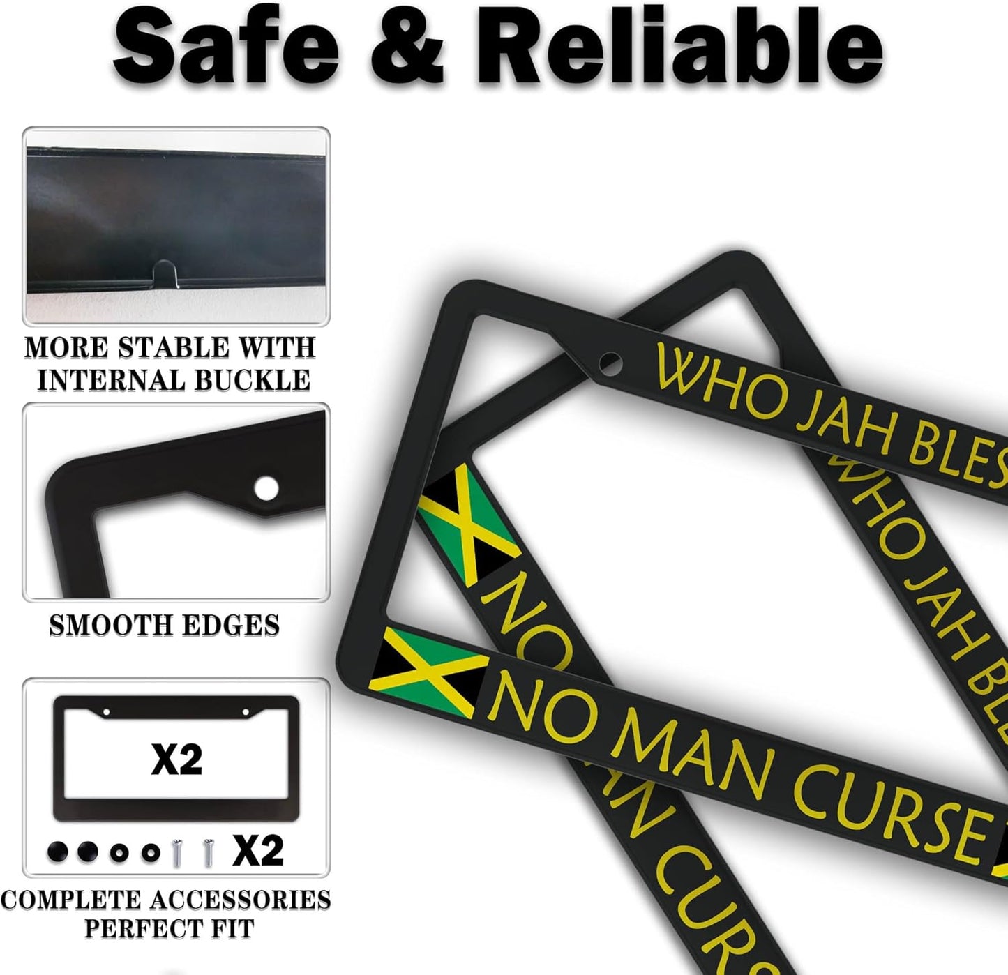License Plate Holder Black, Yellow, Green License Plate Frames Who Jah Bless No Man Curse Aluminum Metal Car Accessory 2 Pack with Screw Covers Set