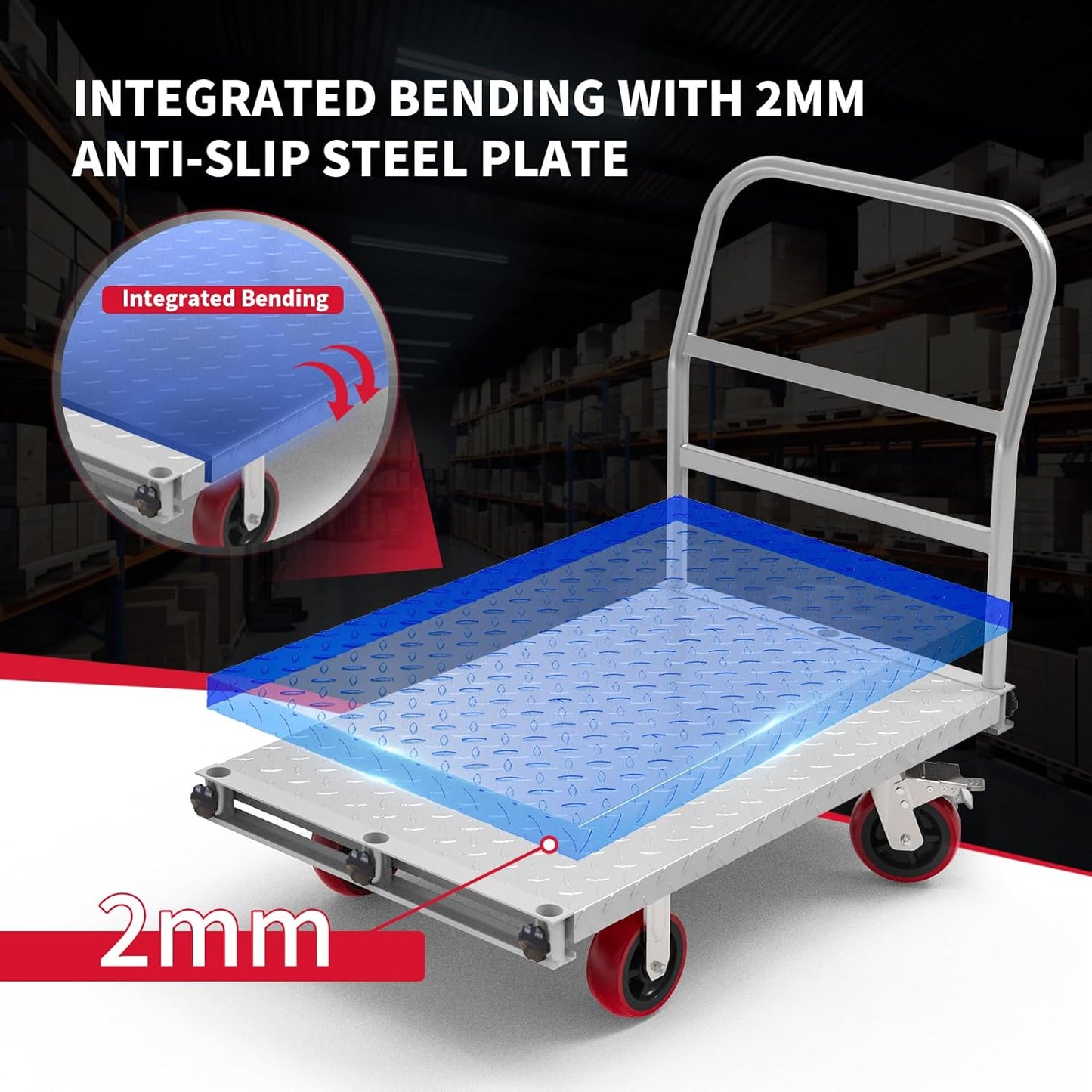 2IN1 Steel Panel Truck Cart, Lumber Cart Drywall Dolly，2500LBS Heavy Duty Flatbed Cart Dolly with 6" Swivel Brake Wheels, 40x24INCH 2MM Plate Platform Truck with 1Front and 3Side Handrails