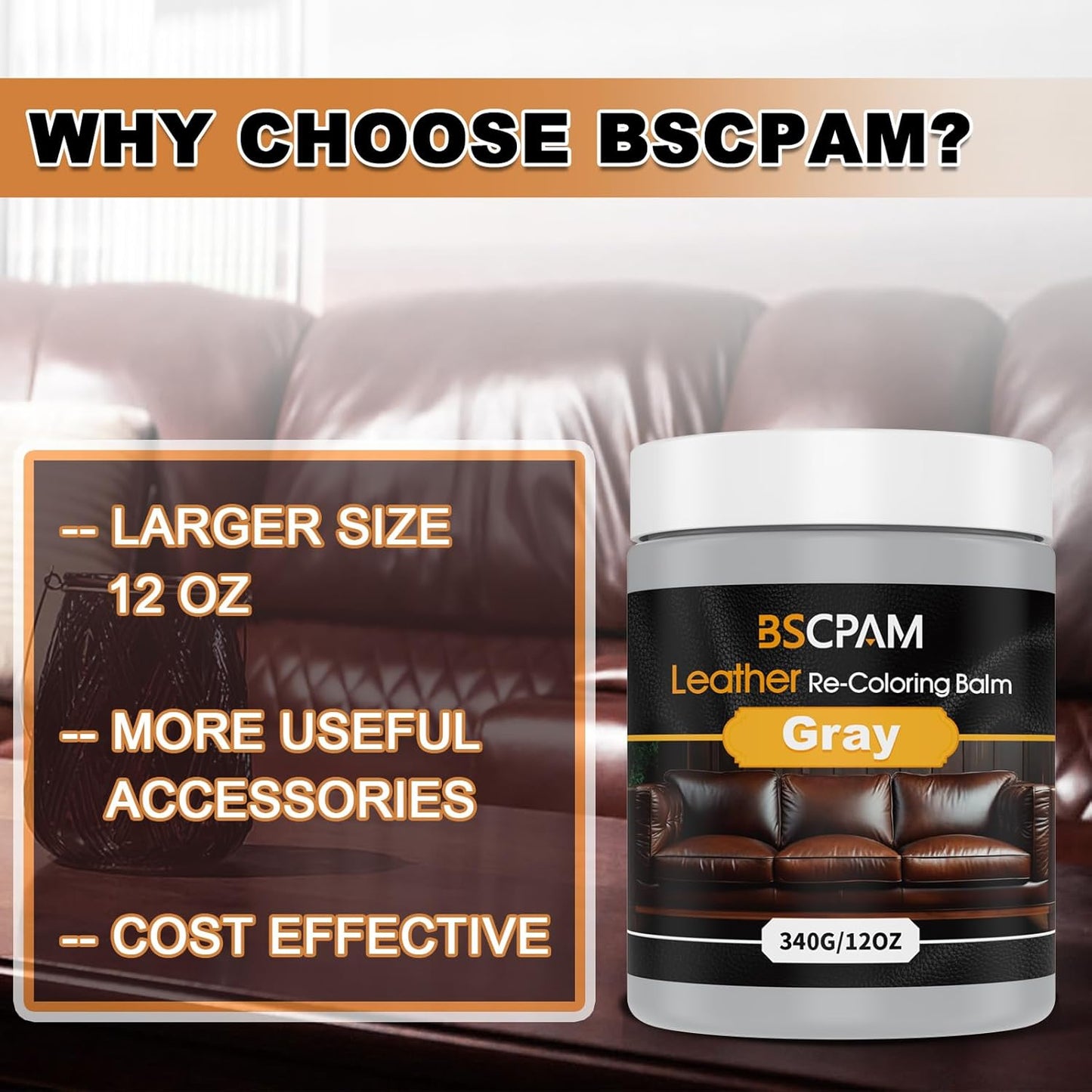 Gray Leather Recoloring Balm, 12oz Leather Color Restorer for Couches, Leather Repair Kit for Furniture, Leather Dye for Leather Fade, Leather Repair Restore car seat