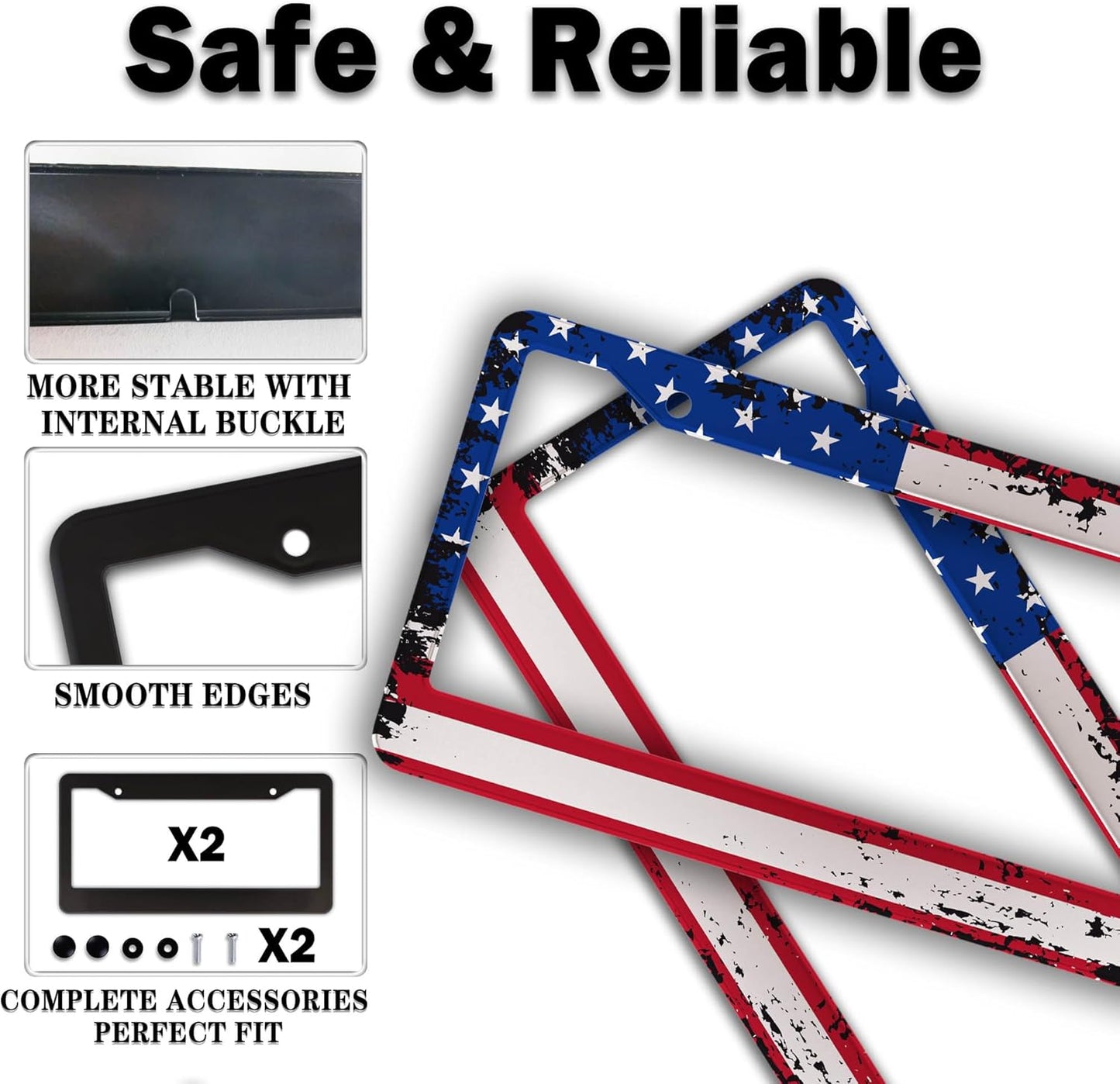 License Plate Cover Multicolor License Plate Frames Patriotic USA American Flag Aluminum Metal Car Accessory 2 Pack with Screw Covers Set
