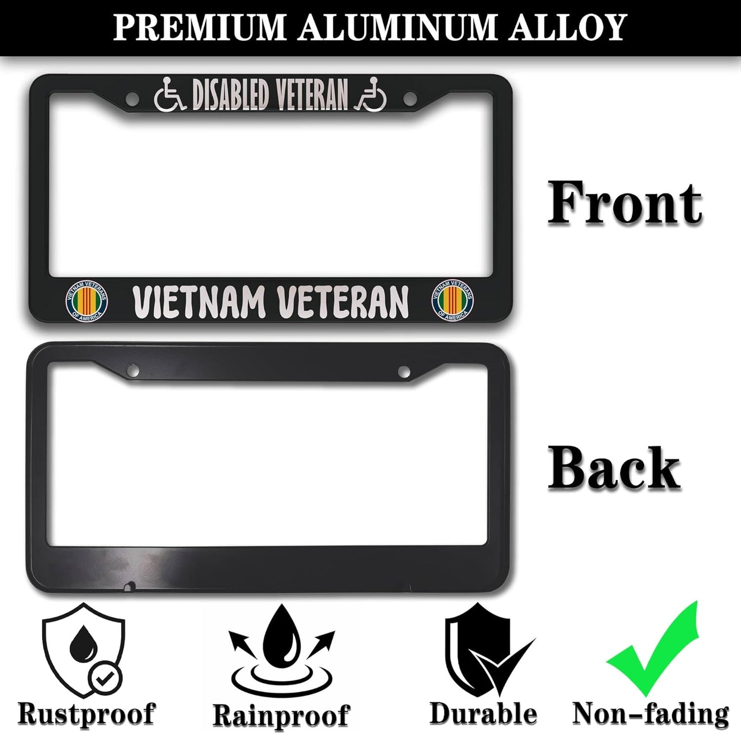 License Plate Frames Black and White License Plate Covers Disabled Vietnam Veteran Universal Aluminum Car Accessory 2 Pack with Screw Covers Set