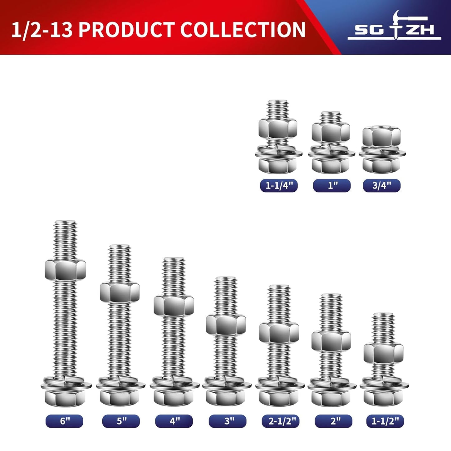 1/2-13 x 6" Hex Head Screw Bolt, Nuts, Flat & Lock Washers, 10Pcs 18-8 (304) Stainless Steel, Fully Threaded, by SG TZH