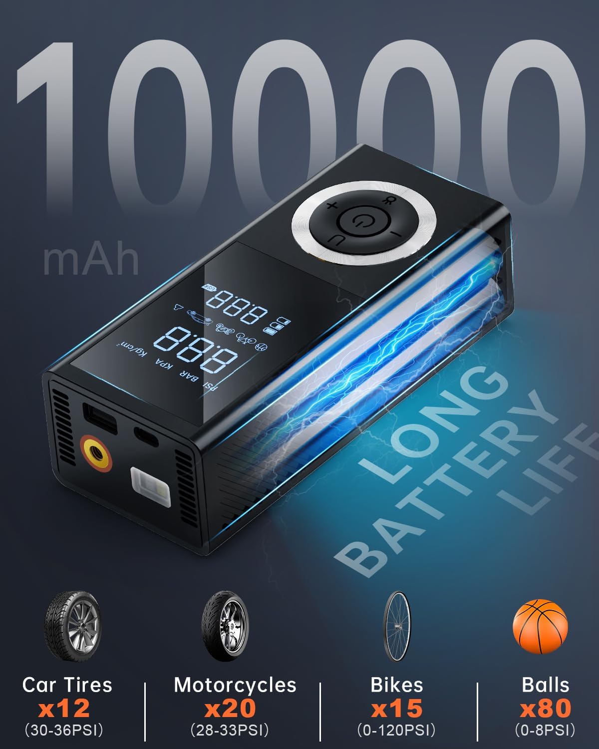 Tire Inflator Portable Air Compressor, 150 PSI Smart Air Pump for Car Tires with Digital Pressure Gauge, LED Light, 12V Car Power Adapter, Storage Box