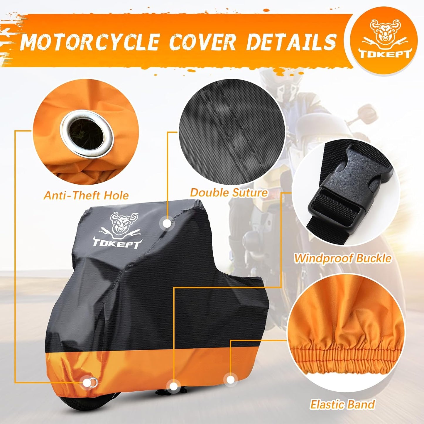 Motorcycle Cover, All-Season Waterproof Outdoor Sun Protection Fit up to 86 Inch Harley-Davidson Honda Suzuki Kawasaki Yamaha (M Black&Orange)
