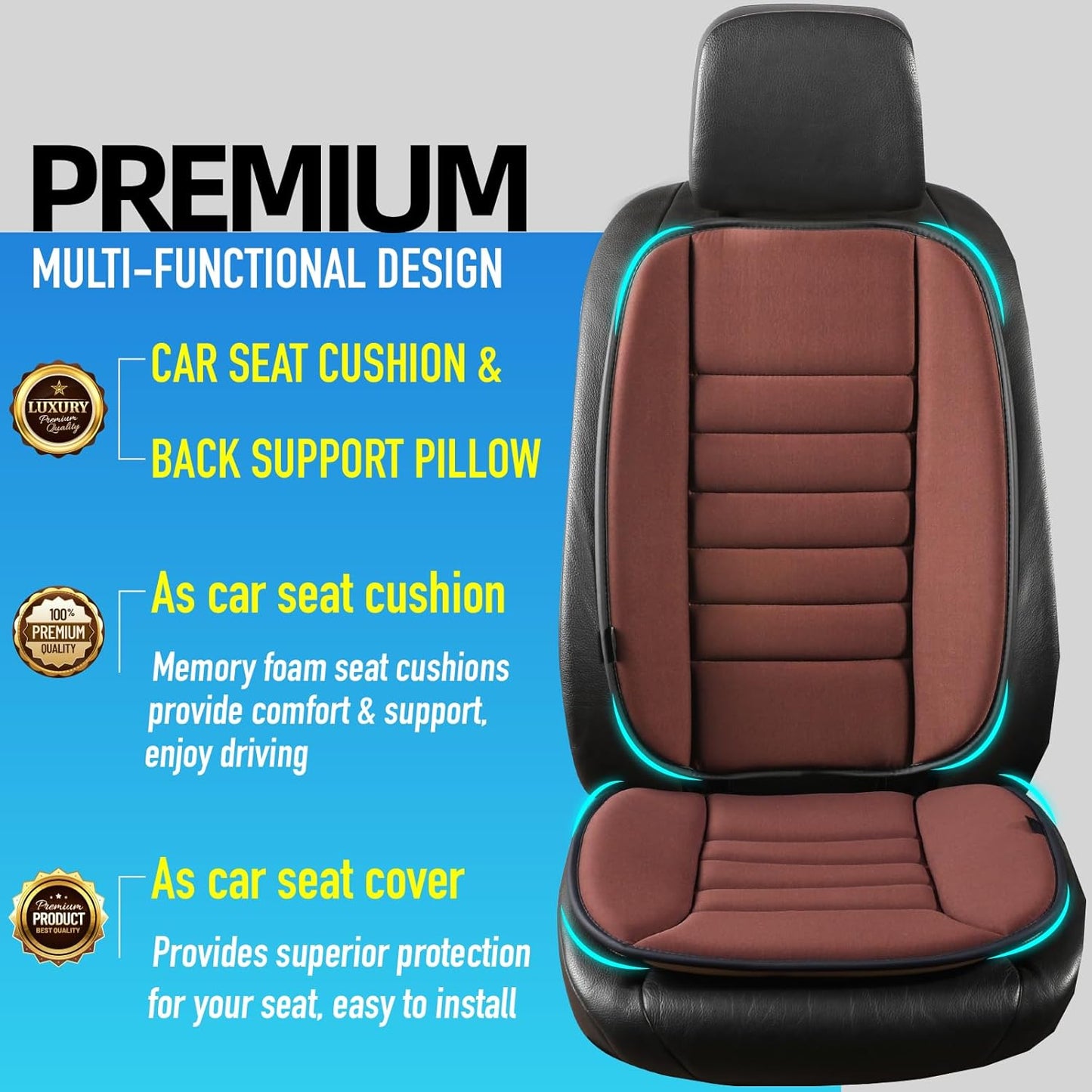 Car Seat Cushion with Back Support Pillow, Comfy Lumbar Support & Seat Cushion, Memory Foam Driving Pillow for Back-Sciatica Pain Relief, Auto Pad Suitable for Car, Truck, SUV - Brown