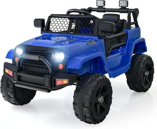 OLAKIDS Kids Ride On Truck, 12V Electric Vehicle Car with Remote Control, Toddlers Battery Powered Toy with 2 Speeds, Spring Suspension, Double Open Doors, LED Lights, TF, Music, USB, Mp3 (Blue)