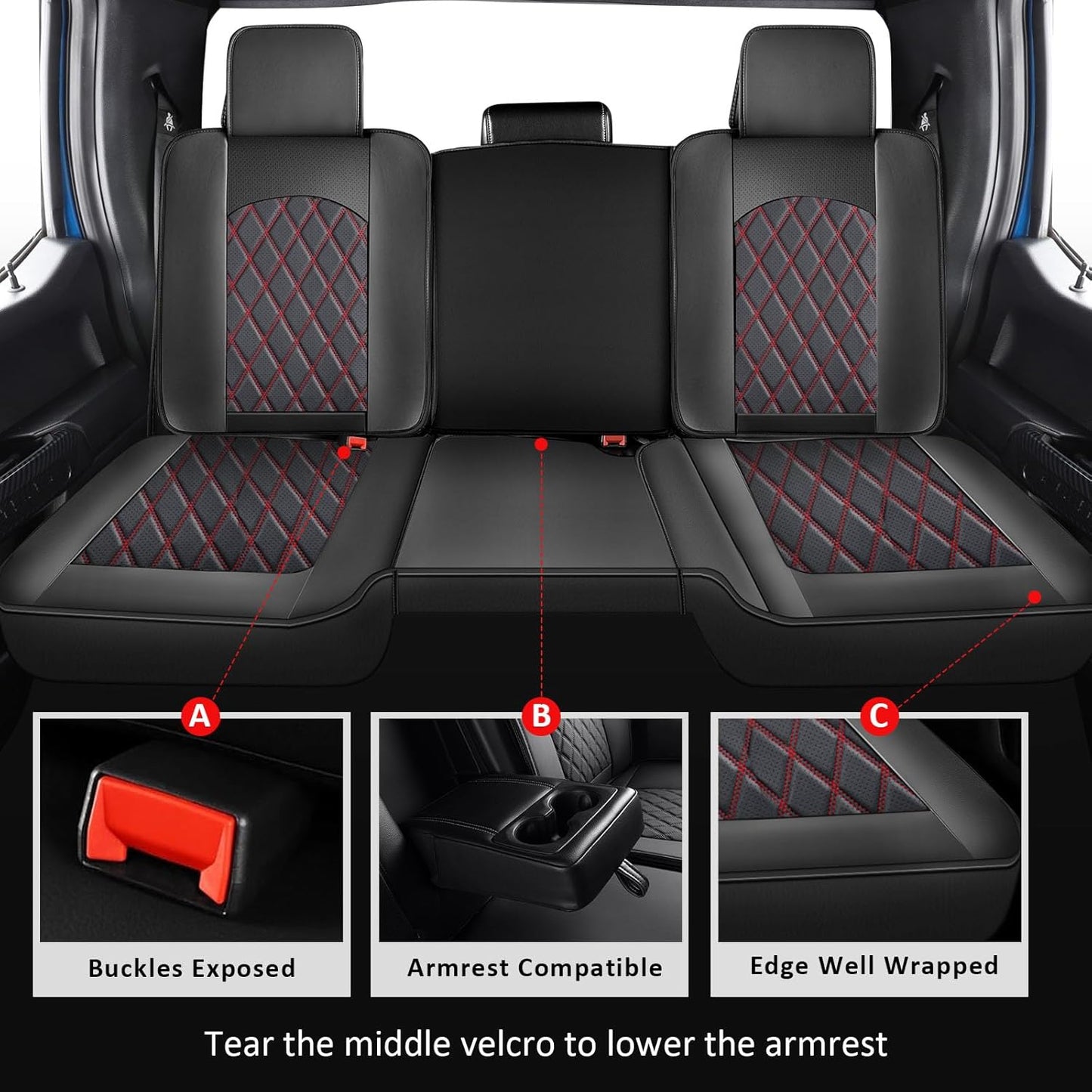 MIROZO Ram Seat Covers Full Set, Faux Leather Truck Seat Covers Compatible with 2009-2025 Ram 1500 2500 3500 Truck Pickup Crew Quad Cab with Split Bench 40/60(Black and Red,Full Set Curved Back)