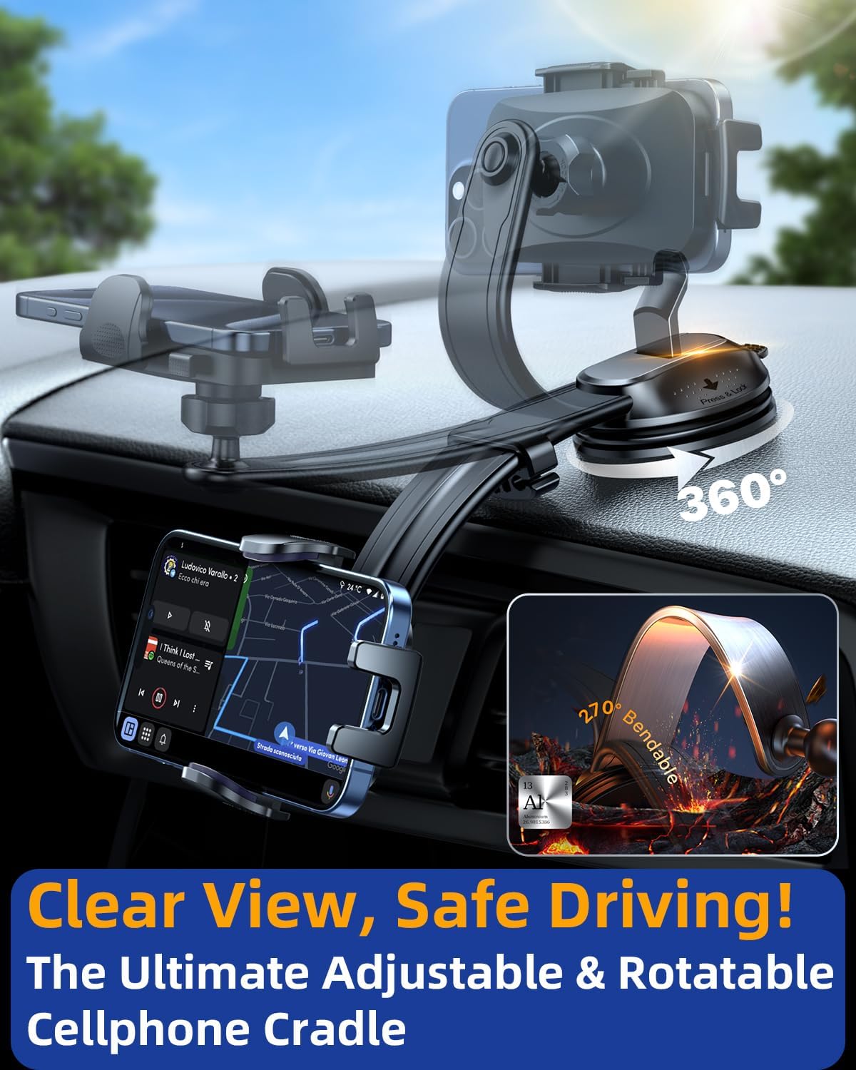 YRU [2025 Ultimate Car Phone Holder Mount [Bendable & Adjustable Aluminum Arm] Cell Phone Holder for Car Dashboard Windshield Phone Stand for iPhone16 15 14 13 Pro Max Samsung Pickup Truck,Dark Silver