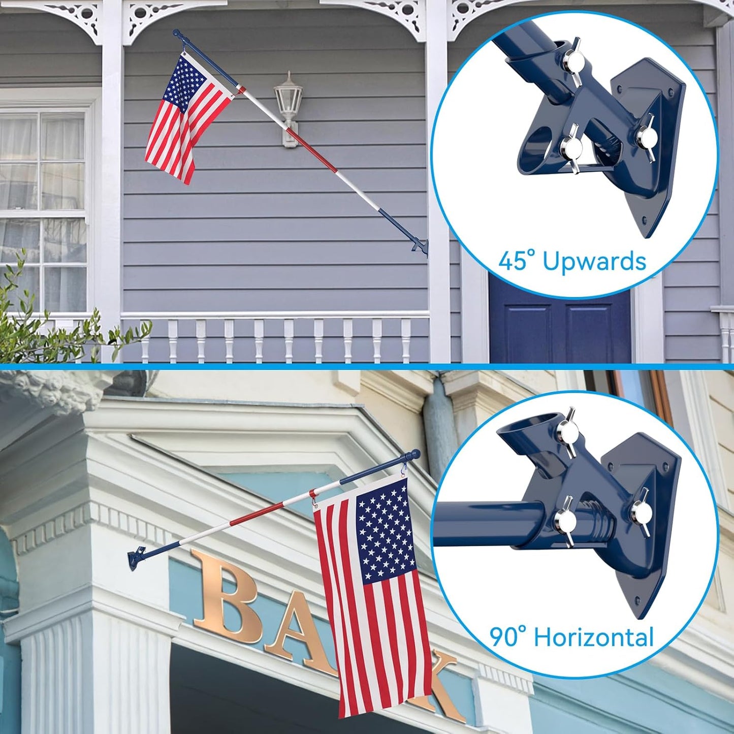ZMTECH Flag Pole - Upgraded Bracket, 6 FT Stainless Steel Flag Poles for Outside House, Residential or Commerical, Tangle Free Flag Pole Kit for American Flag (Without Flag, Blue&White&Red)