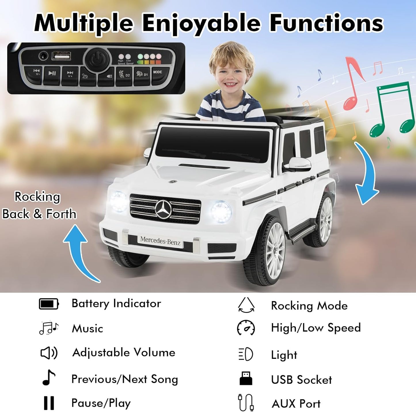 HONEY JOY Ride On Car, 12V Licensed Mercedes Benz G500, Battery Powered Ride On Truck, Lights, Music, Rocking Mode, Slow Start, Electric Cars for Kids Boys Girls (White)