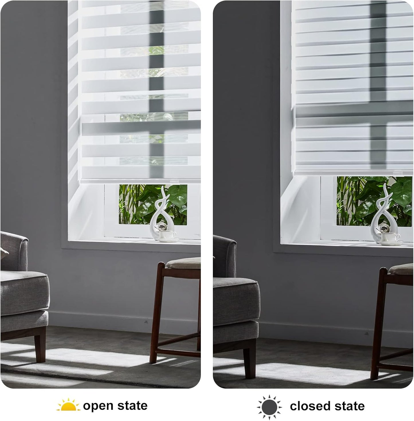 Persilux Cordless Zebra Blinds for Windows Free-Stop Roller Shades for Windows (15" W x 47" H, White) Dual Layer Room Darkening Roller Blinds for Home, Office and Kitchen