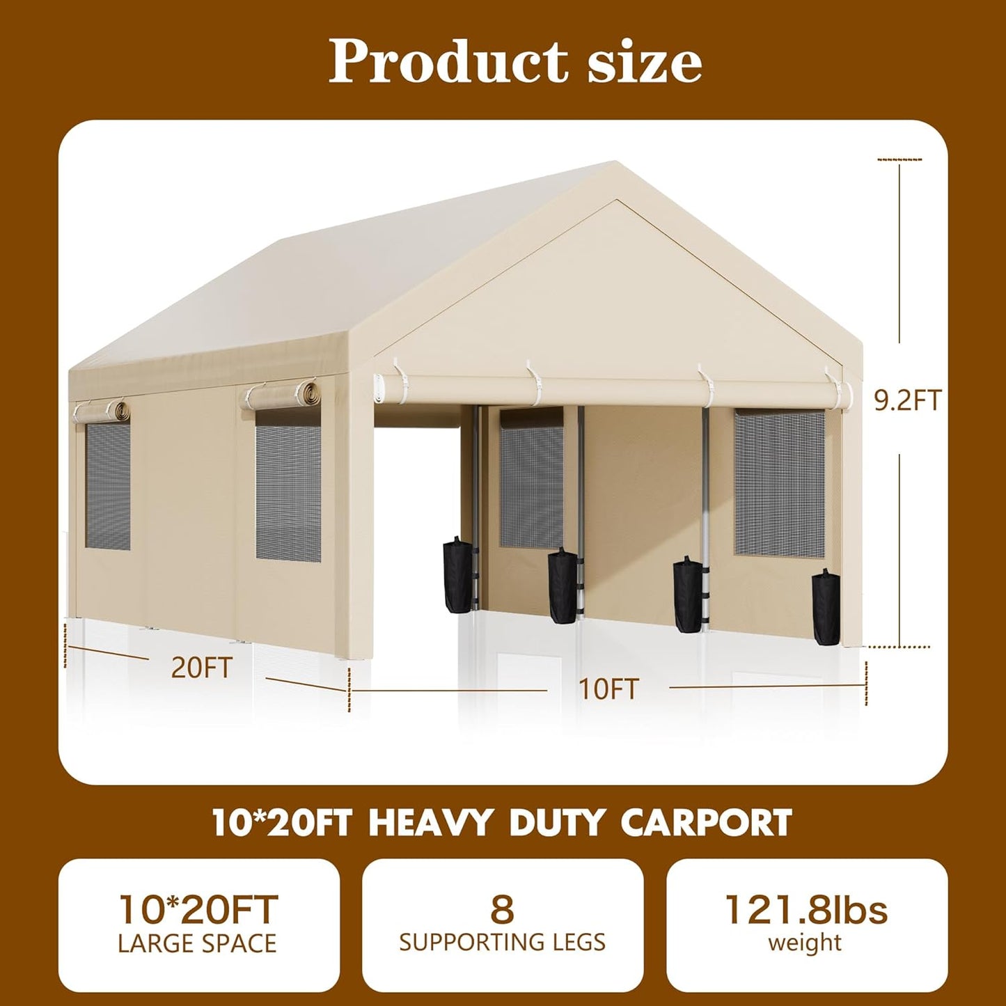 Walsunny Carport, 10x20 ft Heavy Duty Carport Canopy with Roll-up Windows, Portable Garage with Removable Sidewalls & Doors, Car Canopy with All-Season Tarp for Car, Truck, Boat