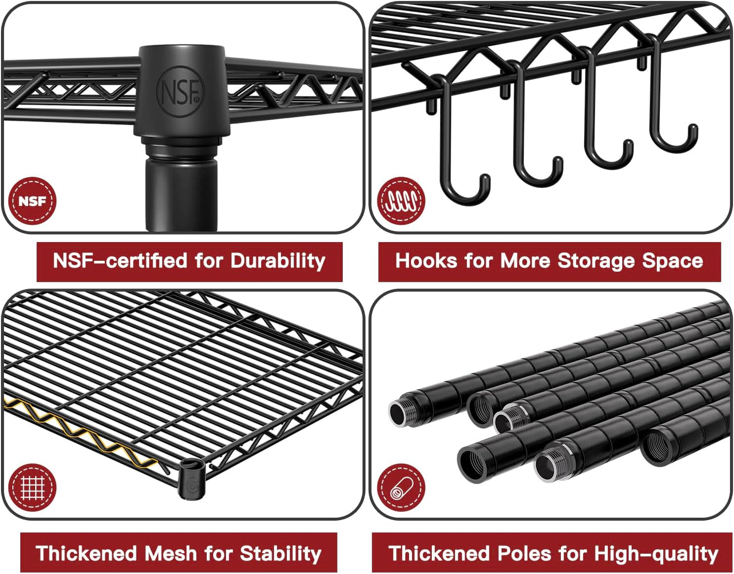 PrimeZone Wire Metal Storage Shelves - 5 Tier Adjustable NSF Certified Heavy Duty Garage Shelving Unit Organizer Rack, Steel Utility Shelf for Kitchen, Pantry, 35.5" W x 14" D x 72" H, Black, 2 Packs