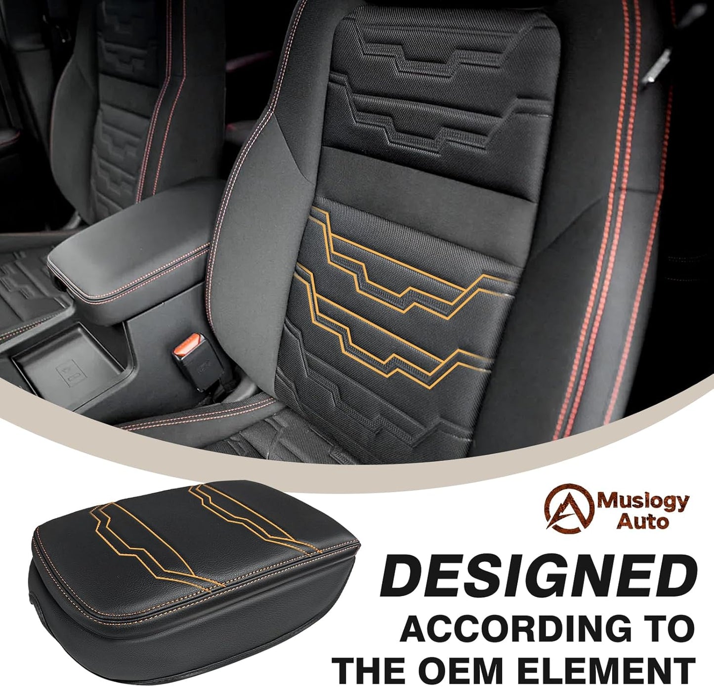 Muslogy for Frontier Center Console Pad Armrest Box Cover Vegan Leather Soft Accessories Armrest Lid Protector Compatible with Nissan Frontier 2022-2024 2025(Extra Thick, V2 Orange Stitching)