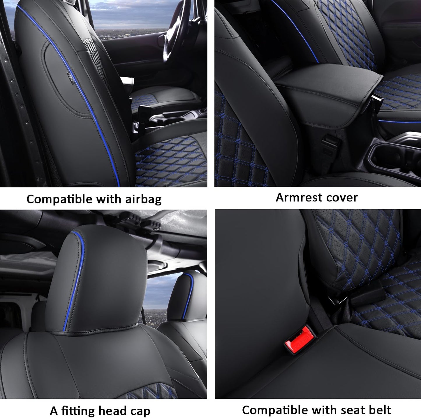 GIANT PANDA Fit Full Set Car Seat Covers for Jeep Wrangler 4 Door JL Sahara Sport Rubicon Unlimited Willys 2018 2019 2020 2021 2022 2023 2024 2025 Without Rear Cup Holder,Faux Leather - (Black+Blue)
