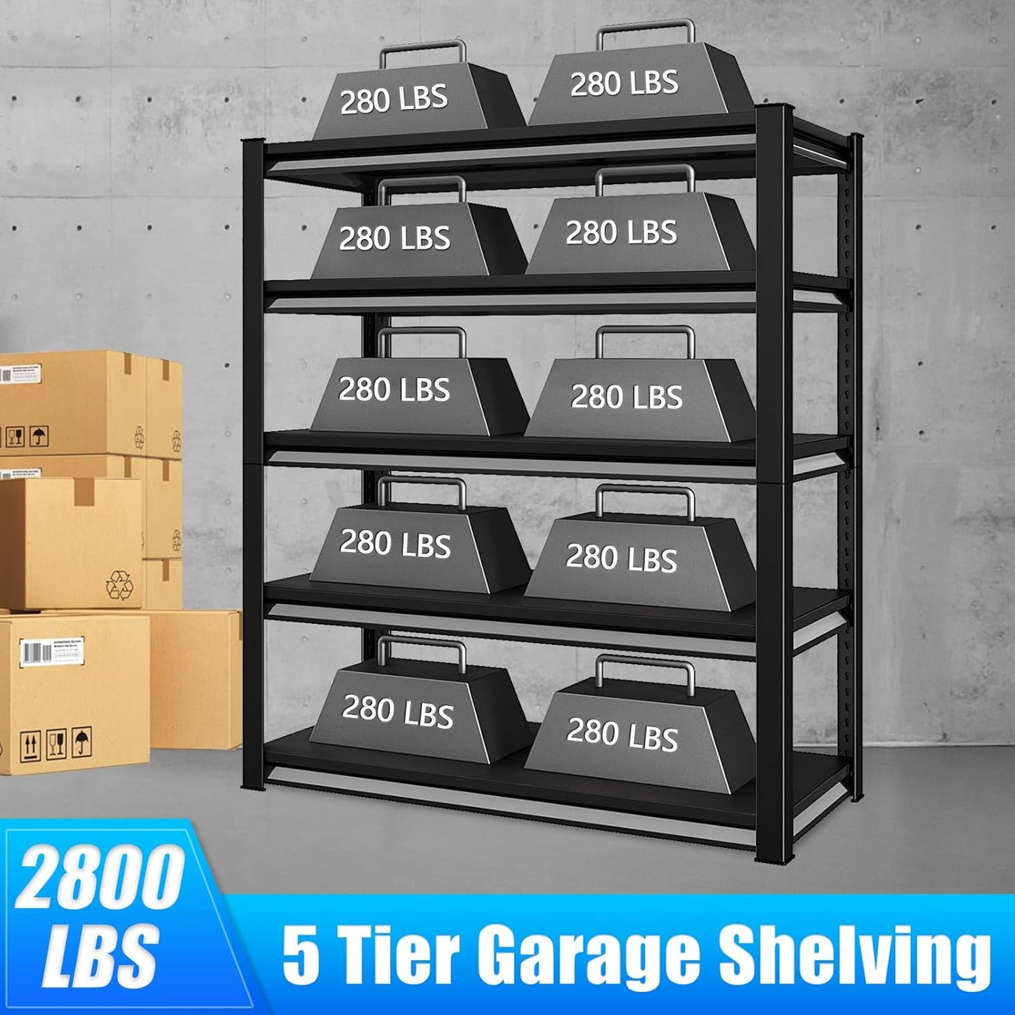 48" W Garage Shelving Heavy Duty，2800LBS Loads Adjustable Garage Storage Shelves,5-Tier Metal Storage Racks and Shelving Units, Utility Rack Shelves,48”W x 18”D x 78”H,Black