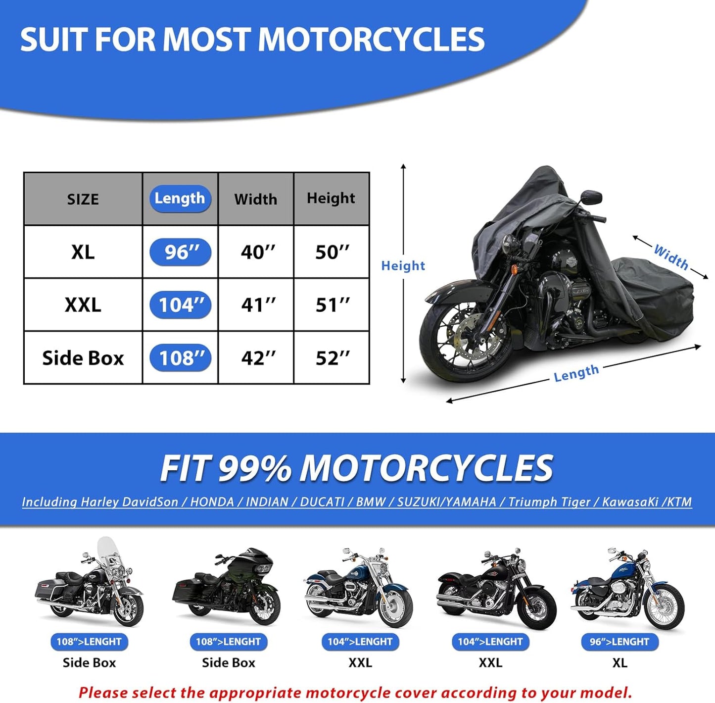 Motorcycle Cover for Harley Davidson Touring Models Road King, Road Glide, Street Glide, Electra Glide, Heritage Classic, Low Rider and More - Waterproof Motorcycle Cover Outdoor Storage