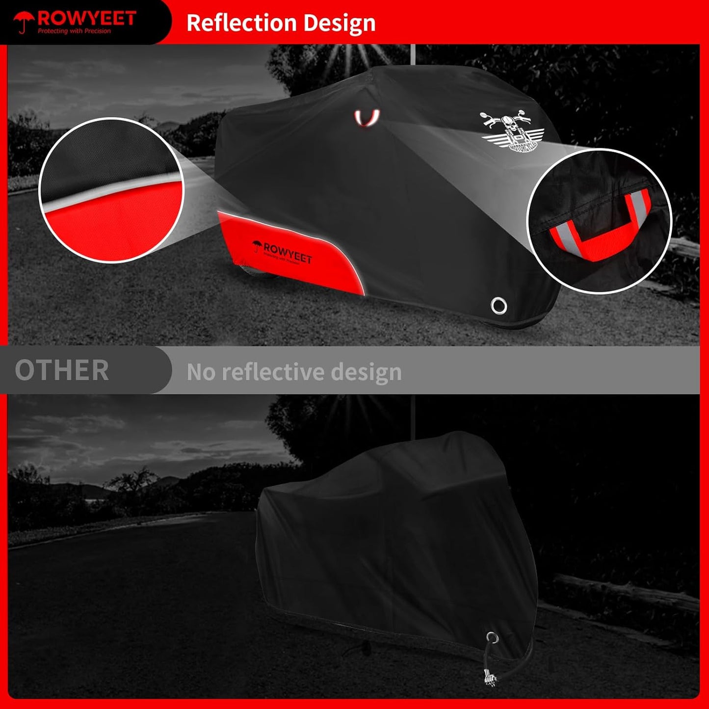 Motorcycle Cover Waterproof Outdoor Storage with Lock-Holes, Storage Bag & Night Reflective Design, Heavy Duty Protection Powersports Vehicle Covers Fits up to 96.5"-116" (420D Red, 104")