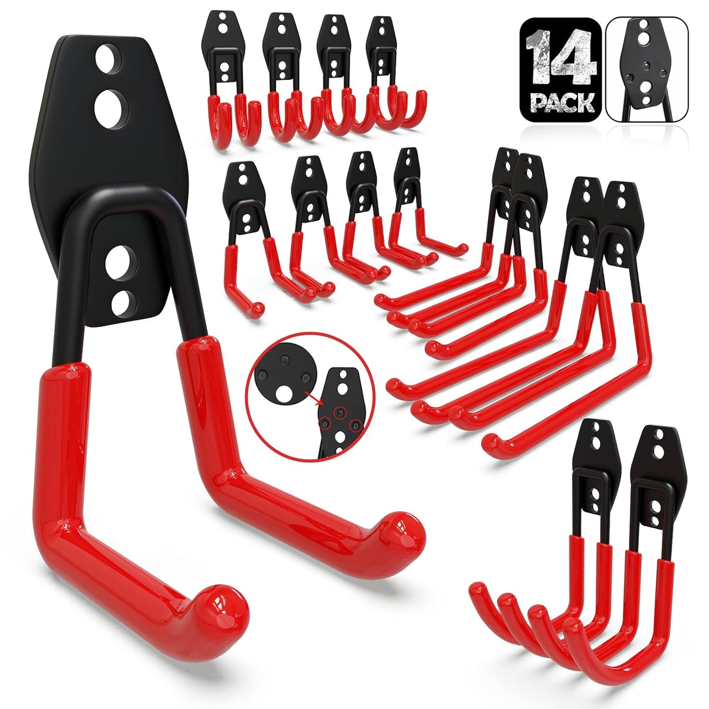 3-H Garage Wall Hooks 14 Pack,Garage Hooks Heavy Duty with Extra Welding Spots,Garage Hooks for Hanging,Garage Organizer for Garden,Lawn,Yard Tools,Chairs,Ladders,WeedEater,Shovel,Blower(Red)