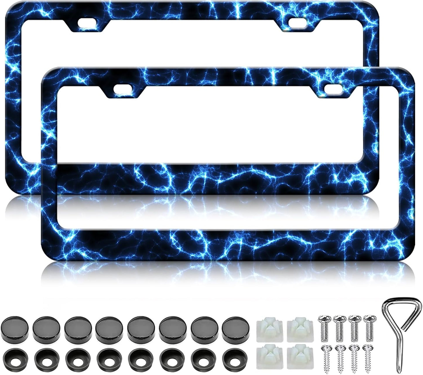 Blue Lightning License Plate Frames - 2 Pack Cool Thunder Stainless Steel License Plate Holder,Rust-Proof Waterproof Car Decorative Tag Frame with Screws Fasteners Caps