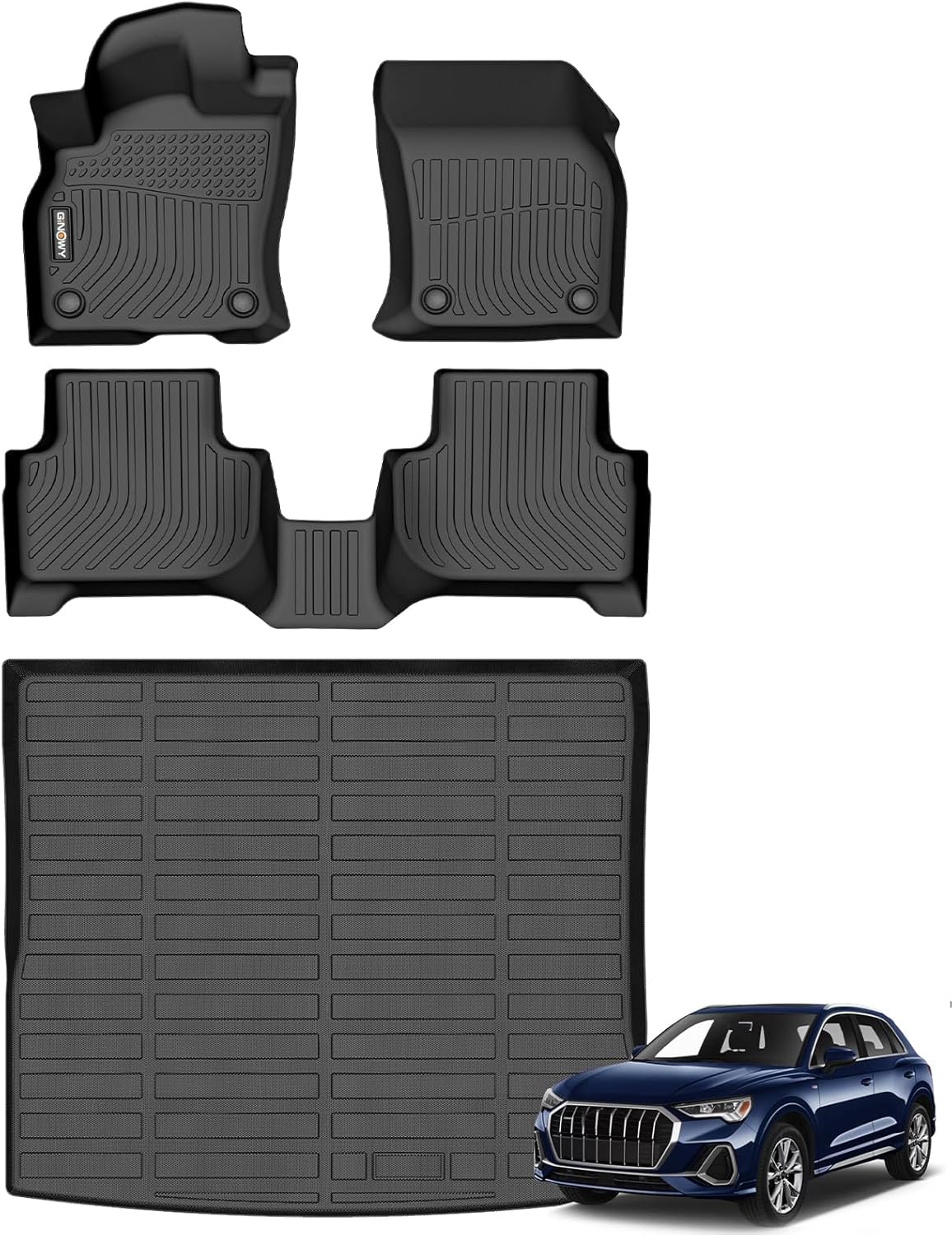 GINOWY-Floor Mats & Cargo Liner for Audi Q3 2018-2025, TPE All Weather Q3 Car Floor Mats Non-Slip Trunk Mat Floor Liners 2024 Waterproof Custom Fit Accessories Mats Black