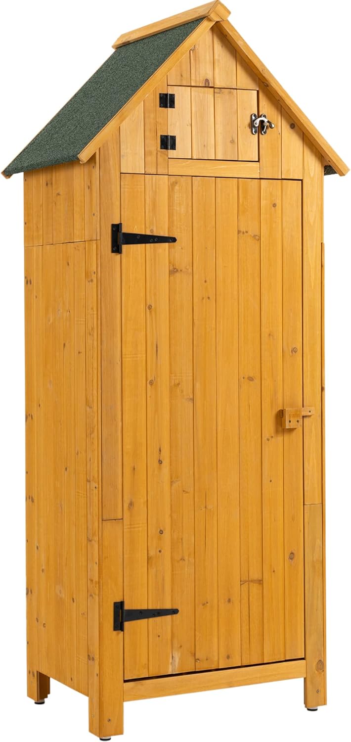 30.3" L X 21.3" W X 70.5" H Outdoor Storage Shed with Waterproof Roof, Solid Fir Wood Frame, and 3 Compartments for Garden Tools, Mower, and Hose,Natural Wood