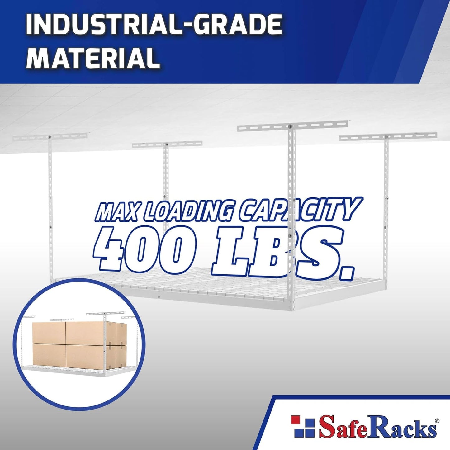 SafeRacks Overhead Garage Storage Rack - Heavy Duty Racks for Garage with 400 lb Capacity, Easy Garage Shelving, Adjustable Storage Rack, Ceiling Mount Storage Shelves 3x6 White (12"-21")