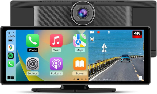 10.26" Portable Carplay Screen for Car, Wireless Carplay & Android Auto Car Stereo, Touchscreen GPS Navigation 4K Dash Cam/1080P Backup Camera/Mirror Link/Bluetooth/Voice Control