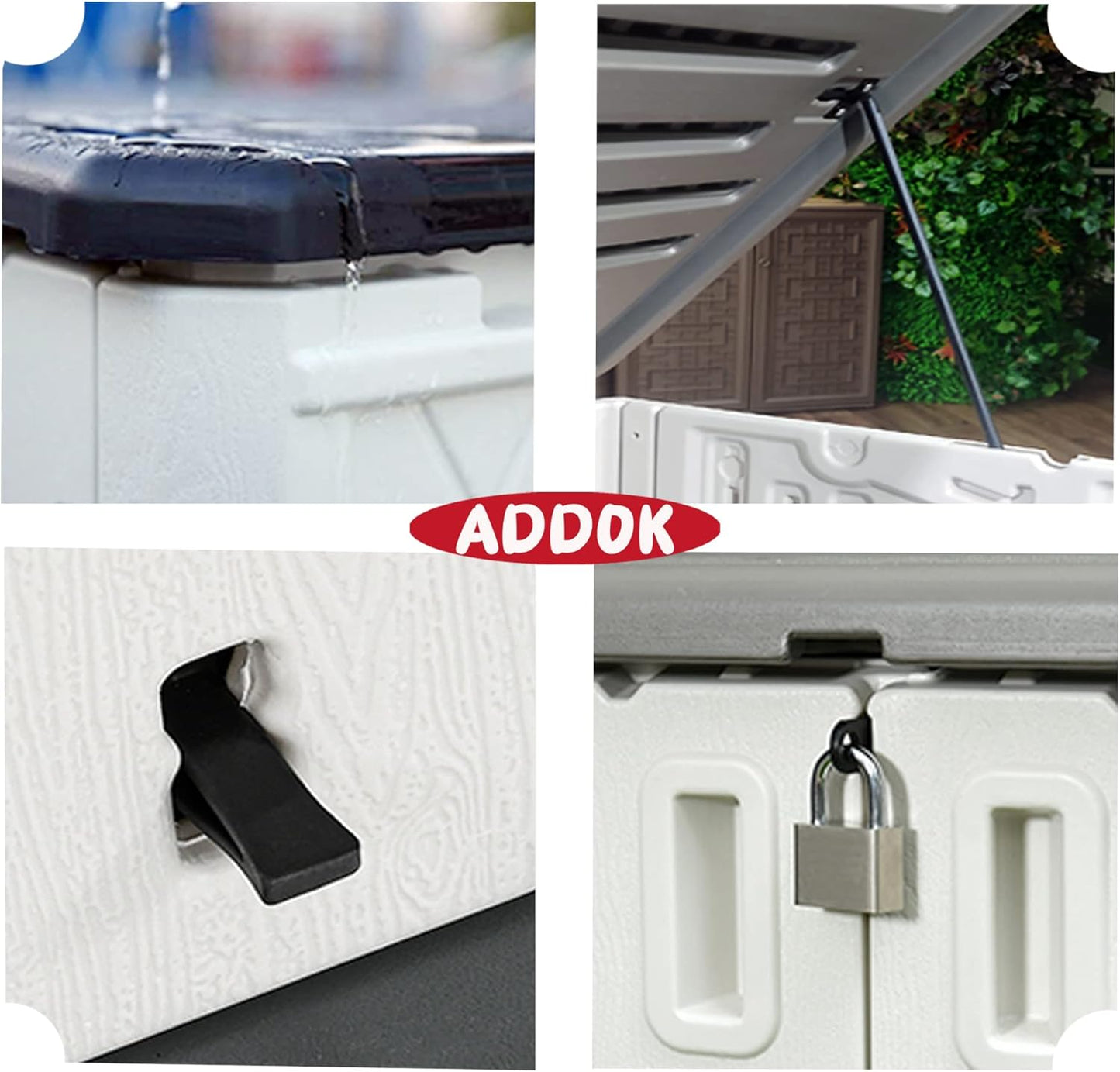 ADDOK Horizontal Storage Shed Outdoor with Floor, 27 Cu Ft Capacity Plastic Storage Shed with Lockable Double Doors, All-Weather Condition Use for Patio, Backyard, Lawn and Garden, White