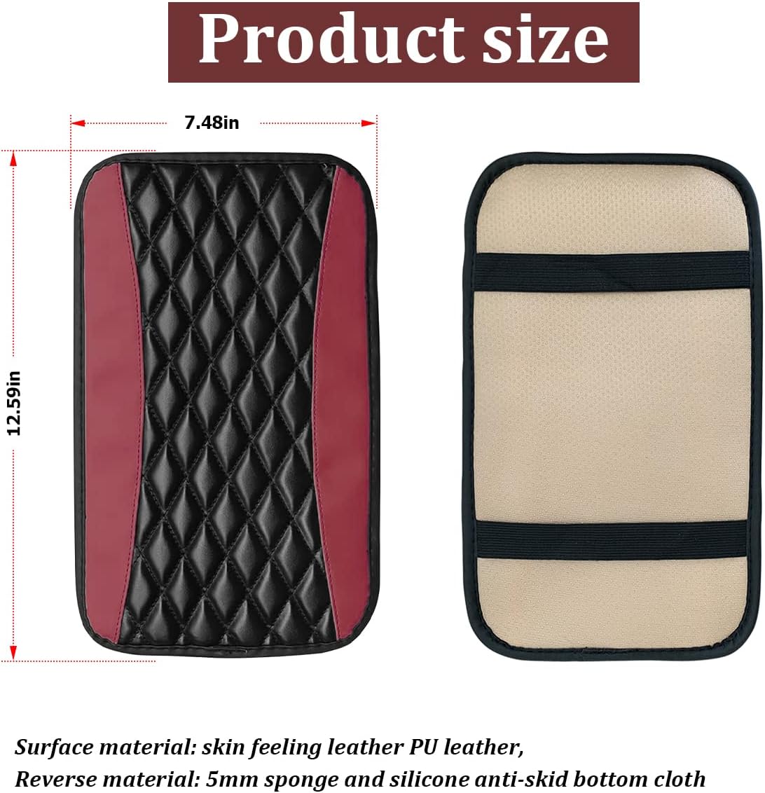 Car Center Console Cushion Pad, Universal Leather Waterproof Armrest Seat Box Cover Protector,Comfortable Car Decor Accessories Fit for Most Cars, Vehicles, SUVs (Wine Red)