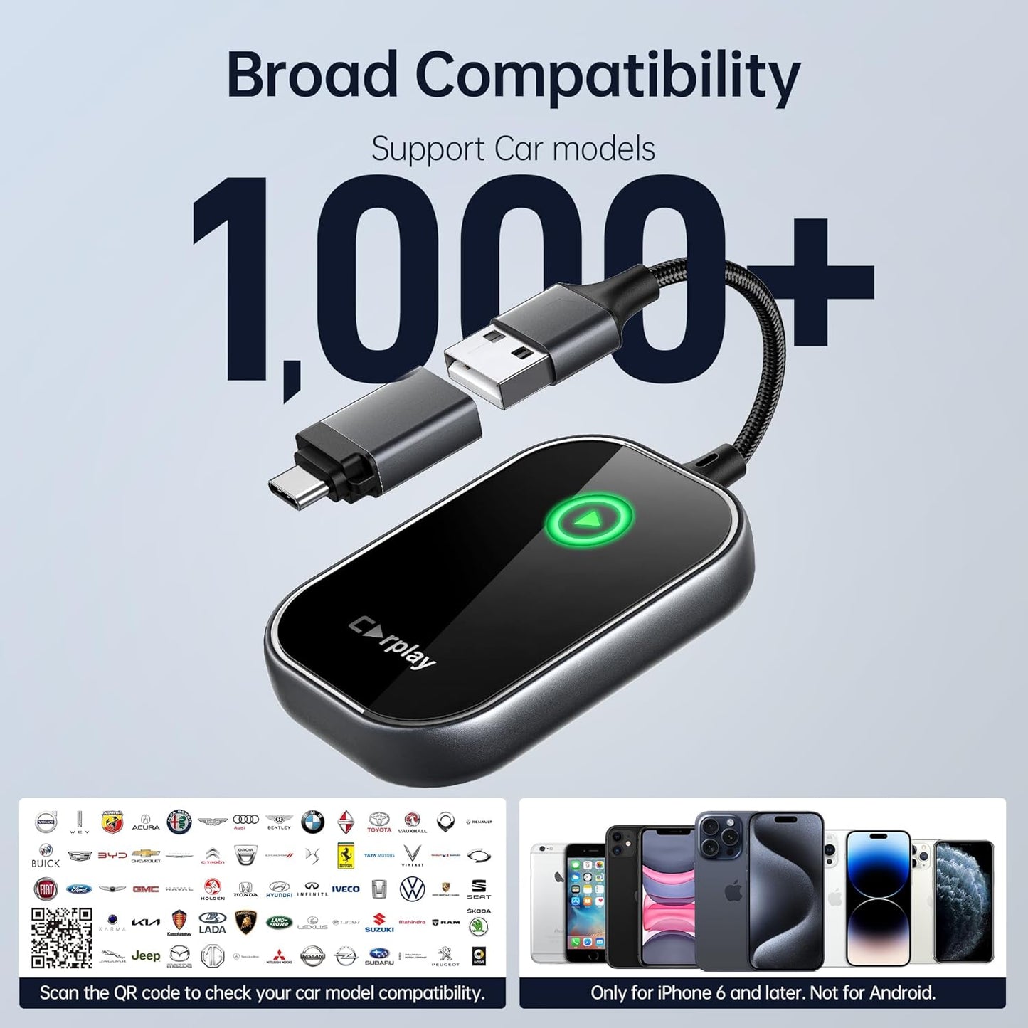 Wireless CarPlay Adapter for iPhone, Converts Wired to Wireless CarPlay Dongle 2024 Upgrade Zero Latency Plug & Play fit for Cars from 2017 & iOS 10+