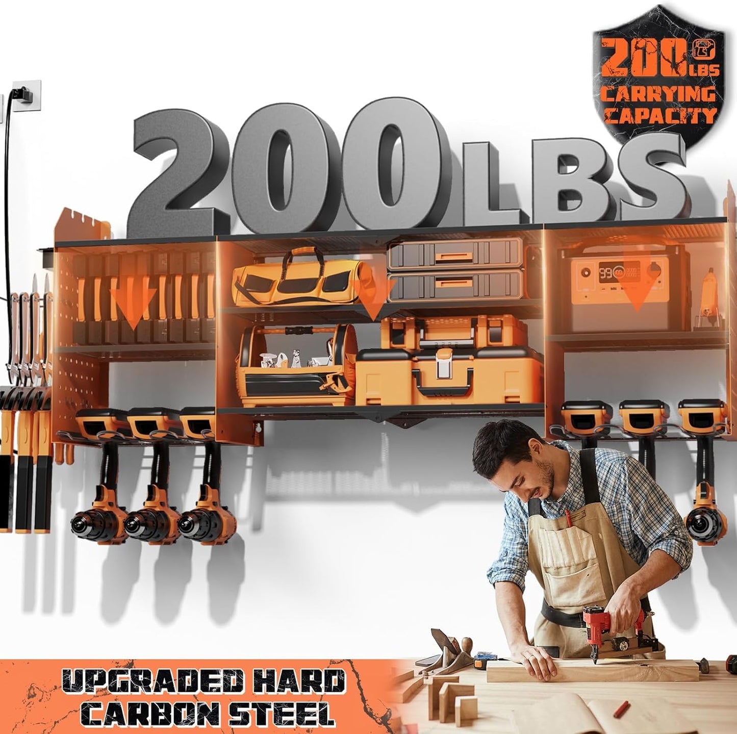 45" Large Power Tool Organizer Wall Mount with Charging Station - 3 Layer Storage Racks with 8 Cordless Drill Holder, 4 Hooks, Heavy Duty Garage Tool Organizer Storage for Workshop Pegboard Basement