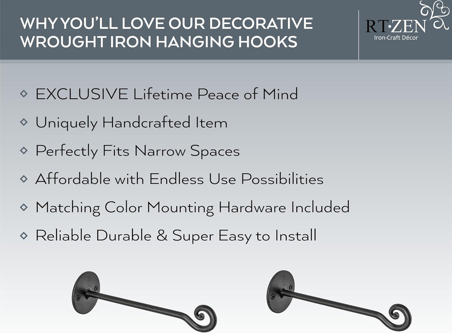 RTZEN Plant Hangers Outdoor or Indoor - Wrought Iron Metal Hanger Indoor Hook - Heavy Duty Wall Bracket Hooks for Hanging Plants Baskets Lanterns Wind Chimes - 2 Pack (Black Swirl Hooks)