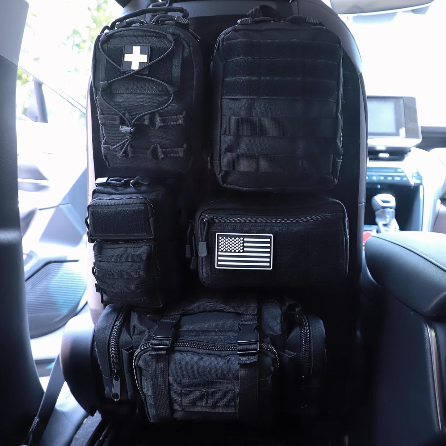 Universal Tactical Seat Back Organizer Vehicle Molle Panel Organizer Storage Bag with 5 Detachable Molle Pouch for All Vehicel Such as Jeep,Truck,SUV, Car, Ford,Chevy etc