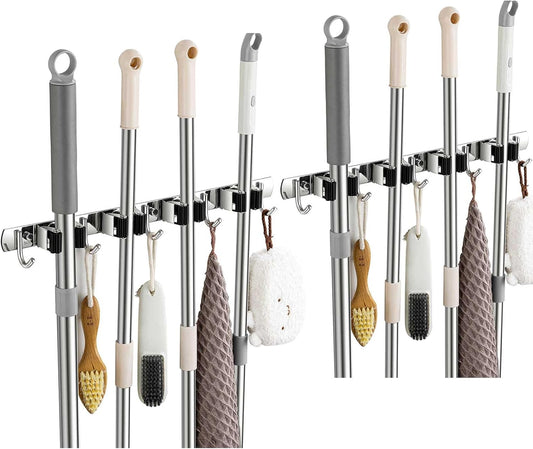 2 Pack Broom Holder Wall Mount, Stainless Steel Broom Hanger Wall Mount, Heavy Duty Mop and Broom Holder Tool Racks Utility Hooks for Laundry Room Garden Garage, Black (4 Racks and 5 Hooks)