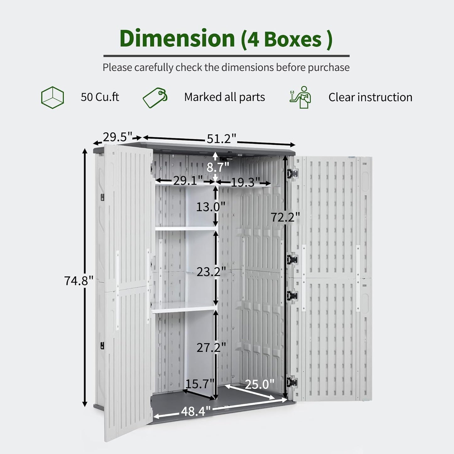 Macrout 50 Cu.Ft Plastic Outdoor Storage Cabinet with Shelves, 4.3 x 2.5 ft Waterproof Resin Outdoor Storage Shed with Floor, Lockable Vertical Shed for Garden and Patio