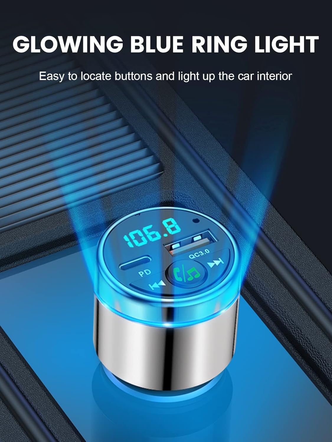 FM Transmitter for Bluetooth 5.3, [All-Metal] PD 30W & QC3.0 18W Fast Car Charger, Wireless FM Radio Kit Bluetooth Car Adapter, Noise Cancelling Hands-Free Call, Blue Light - Silver