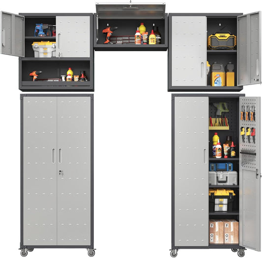 Metal Tool Cabinet,Garage Storage Cabinet System,Wall Cabinet & Locking Rolling Tool Cabinet with Doors and Adjustable Shelves,Steel Tool Cabinets for Home,Office (5 Pcs-StyleA, Black & Grey)