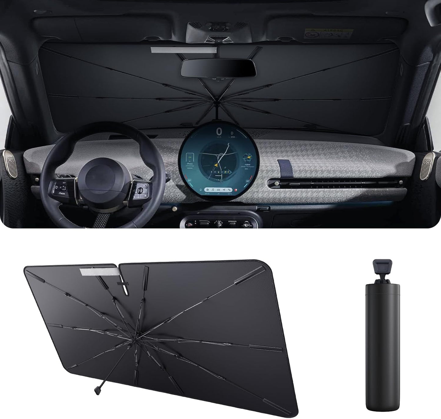 2025 Upgrade Car Windshield Sun Shade Windshield Sunshade Umbrella [Star Fabric] Protect Car from Sun Rays&Heat Damage Keeps Vehicle Cool, Spring Structure Edge Fits Sedans,SUVs,Trucks,Hatchbacks (S1)