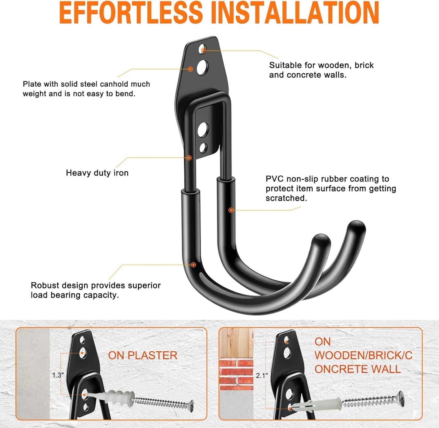 Heavy Duty Garage Hooks 4 Pack, J Shaped Hanger, Wall Mounted Storage System, Power and Garden Tool Organizer, for Hanging Ladders, Bikes Tires, Hose, Bulk Items