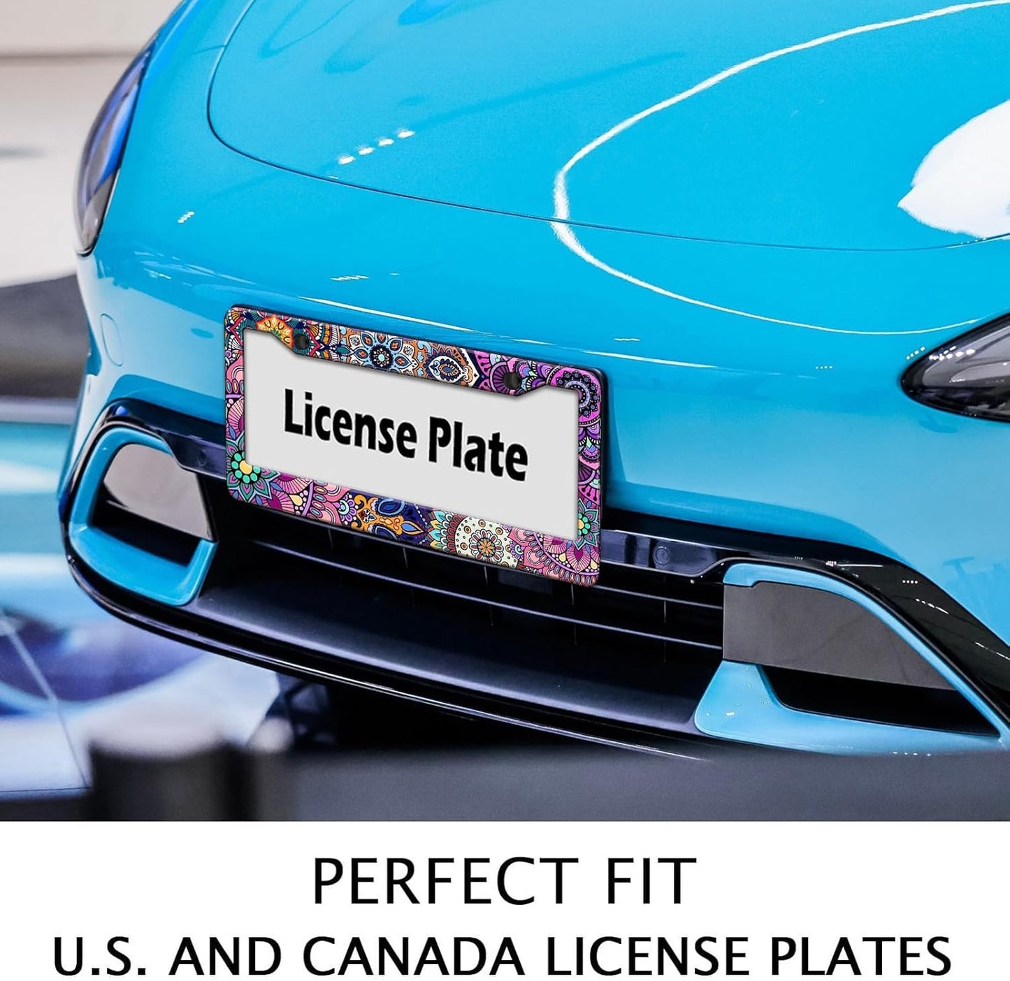 Mandala License Plate Frame, Boho Floral License Plate Holder, Flower Car Tag Holder Metal Aluminum Rustproof Car Accessories for Women Men 2 Holes with Screw Caps