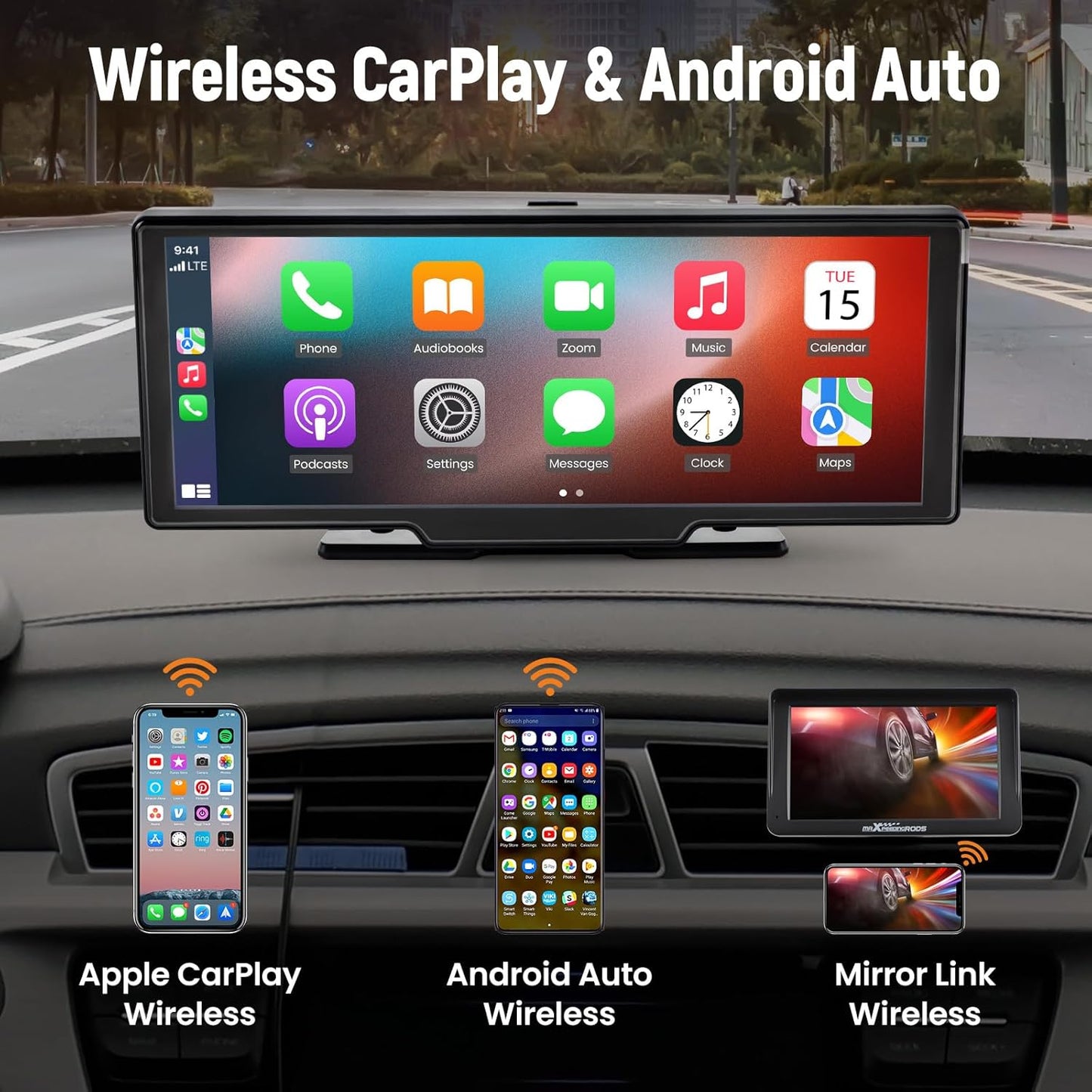 maXpeedingrods Car Stereo with Apple CarPlay & Android Auto, 10.26" Portable Car Radio with Front & Backup Camera, Audio Receiver, 2.5K Dash Cam, GPS Navigation, Mirror Link, Bluetooth