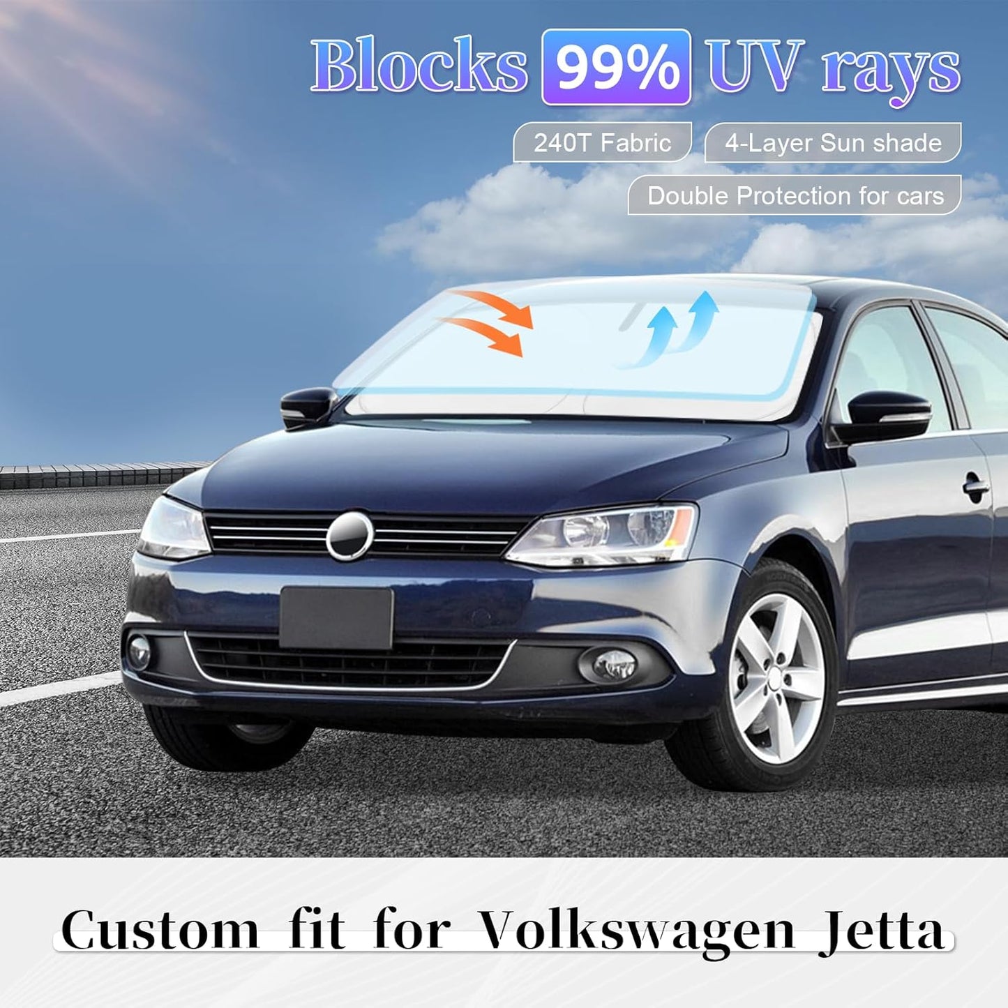 Sun Shade Sunshade for Volkswagen Jetta Windshield Cover, 4-Layer Front Window Shade Custom fit VW Jetta 2019-2024 2025 Sun Visor 240T Retractable Shade Blocks UV Rays Cooler Car Accessories