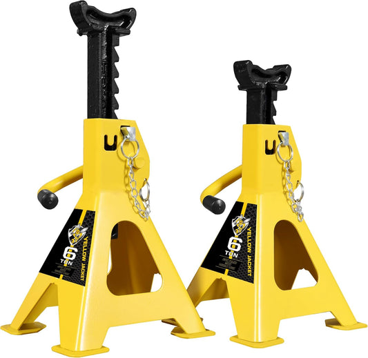 YELLOW JACKET Jack Stands 6 Ton with Double Locking and Large Foot Base for Lifting SUVS, Heavy Duty Steel, 13000 lb Capacity, 1 Pair, Yellow