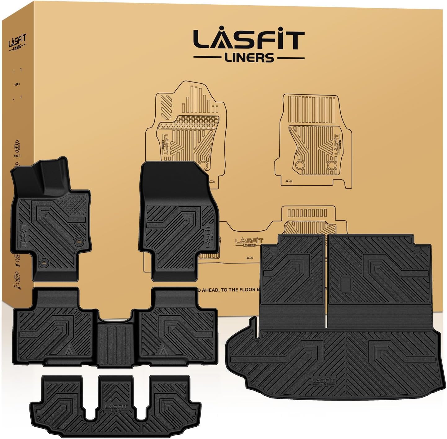 LASFIT Floor Mats & Cargo Mat for Toyota Highlander 2020-2025 (Fit Hybrid, 7&8Seats), All Weather Fit TPE Floor Liners, 3 Rows & Cargo Liner Back Seat Cover for Highlander car mats(Not Subwoofer)