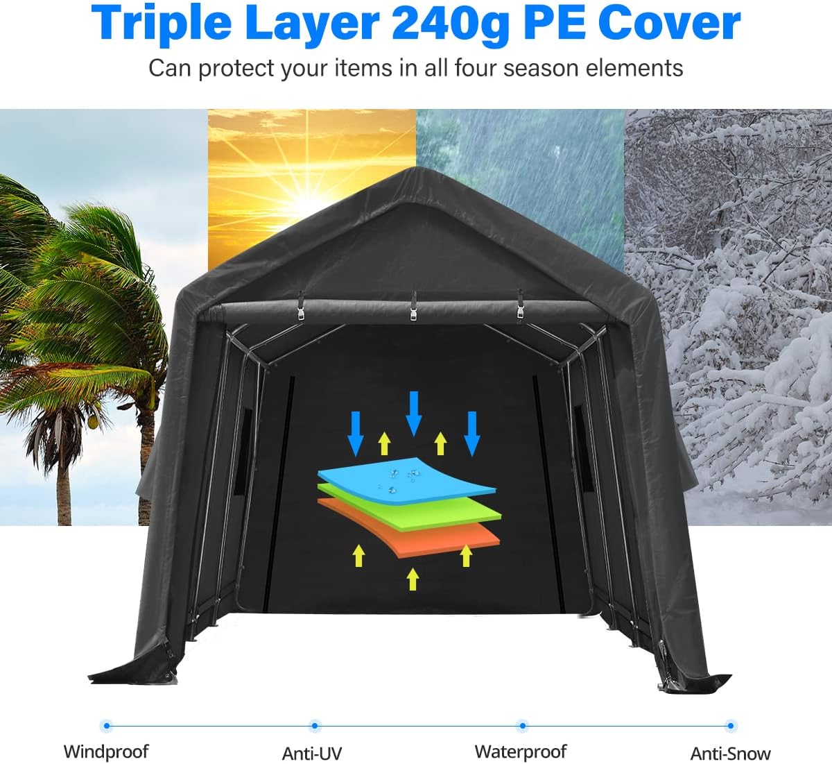 ADVANCE OUTDOOR 10x15 ft Shelter Storage Shed Steel Metal Peak Roof Portable Garage Carport for Motorcycle, Boat or Garden Tools with 2 Roll up Doors & Vents, Gray