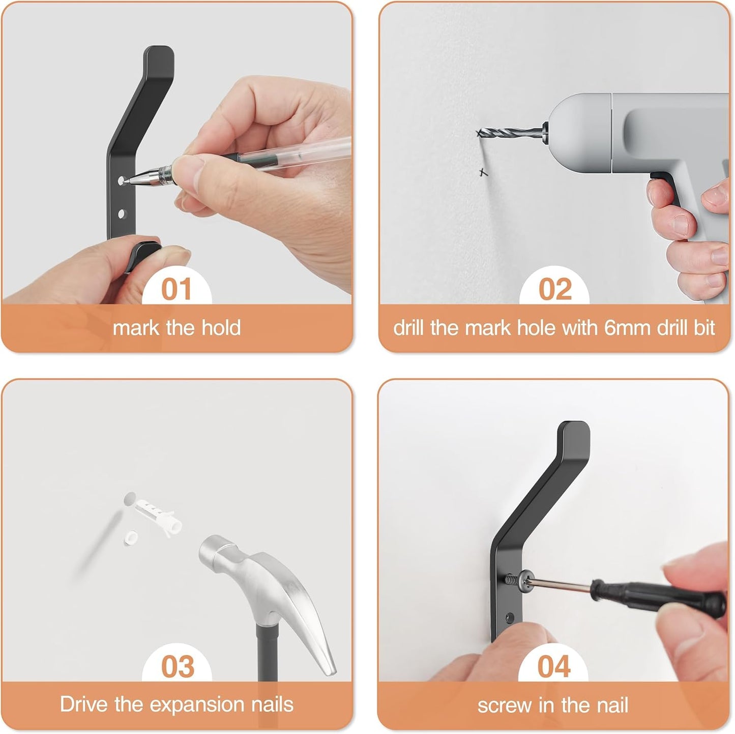 10-Pack Coat Hook for Hanging, 20LB (Max), Stainless Wall Hooks for Towel, Hat, Backpack, Key, Clothes, Wall Mounted Coat Hanger for Closet, Metal, Black, 3.75"