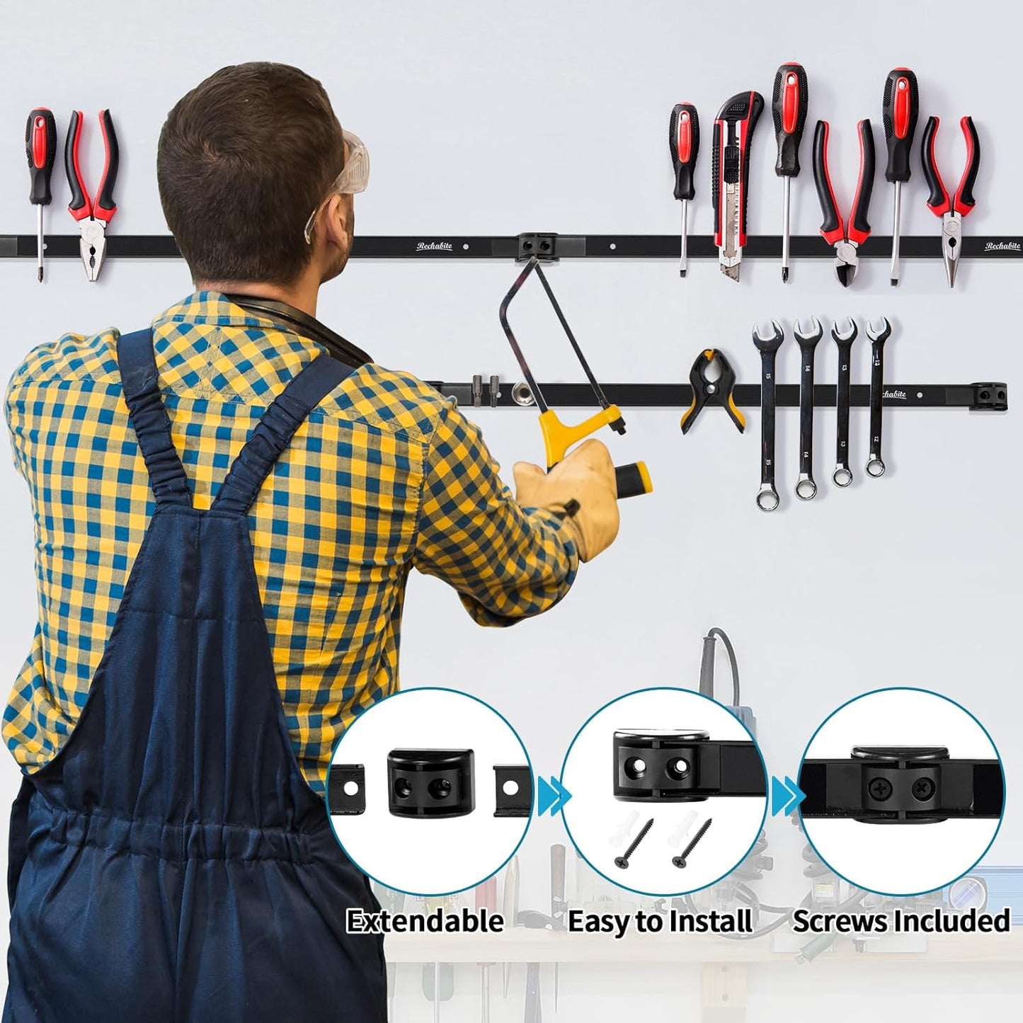 4 Pieces 24" Magnetic Tool Holder Strip, Black Magnet Bar, Metal Tool Organizer Rack for Garage Organization, Easy To Install in Workshop, Mounting Screws Included