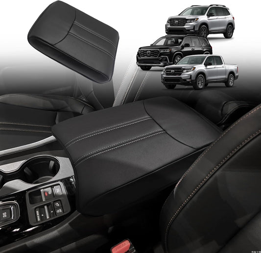 Muslogy Center Console Cover Compatible with Honda Pilot 2023 2024 2025, 2024-2026 Ridgeline/Passport Accessories Armrest Pad Lid Cushion Console Protector Vegan Leather Extra Soft(Black/White Trim)
