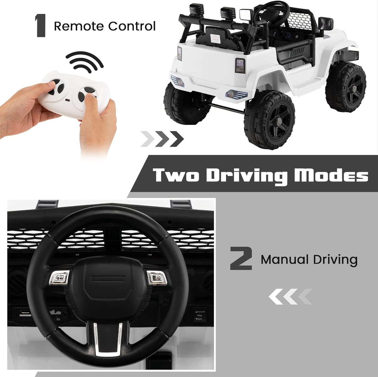 OLAKIDS Kids Ride On Truck, 12V Electric Vehicle Jeep Car with Remote Control, Toddlers Battery Powered Toy with 2 Speeds, Spring Suspension, Double Open Doors, LED Lights, Music, TF, USB, Mp3 (White)